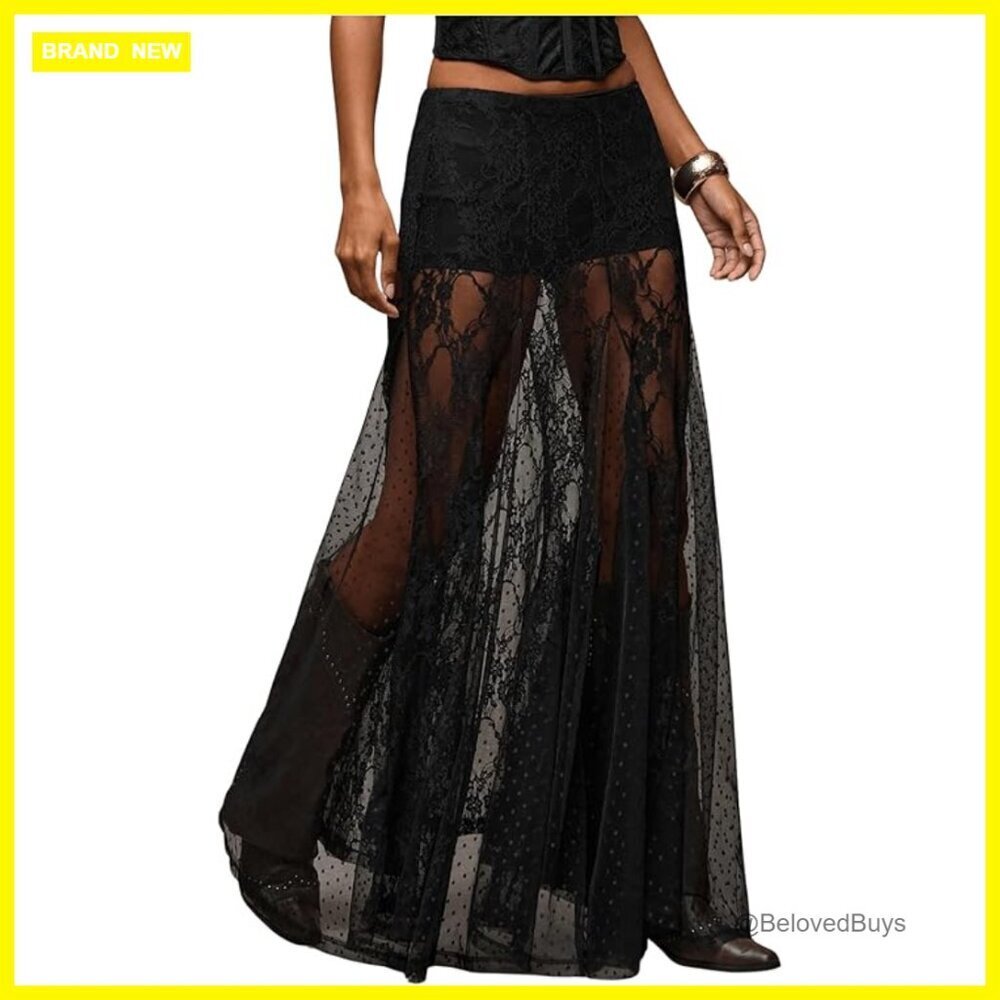 Lace Sheer Maxi Skirt A-Line Ruffle Boho Goth Long Skirt